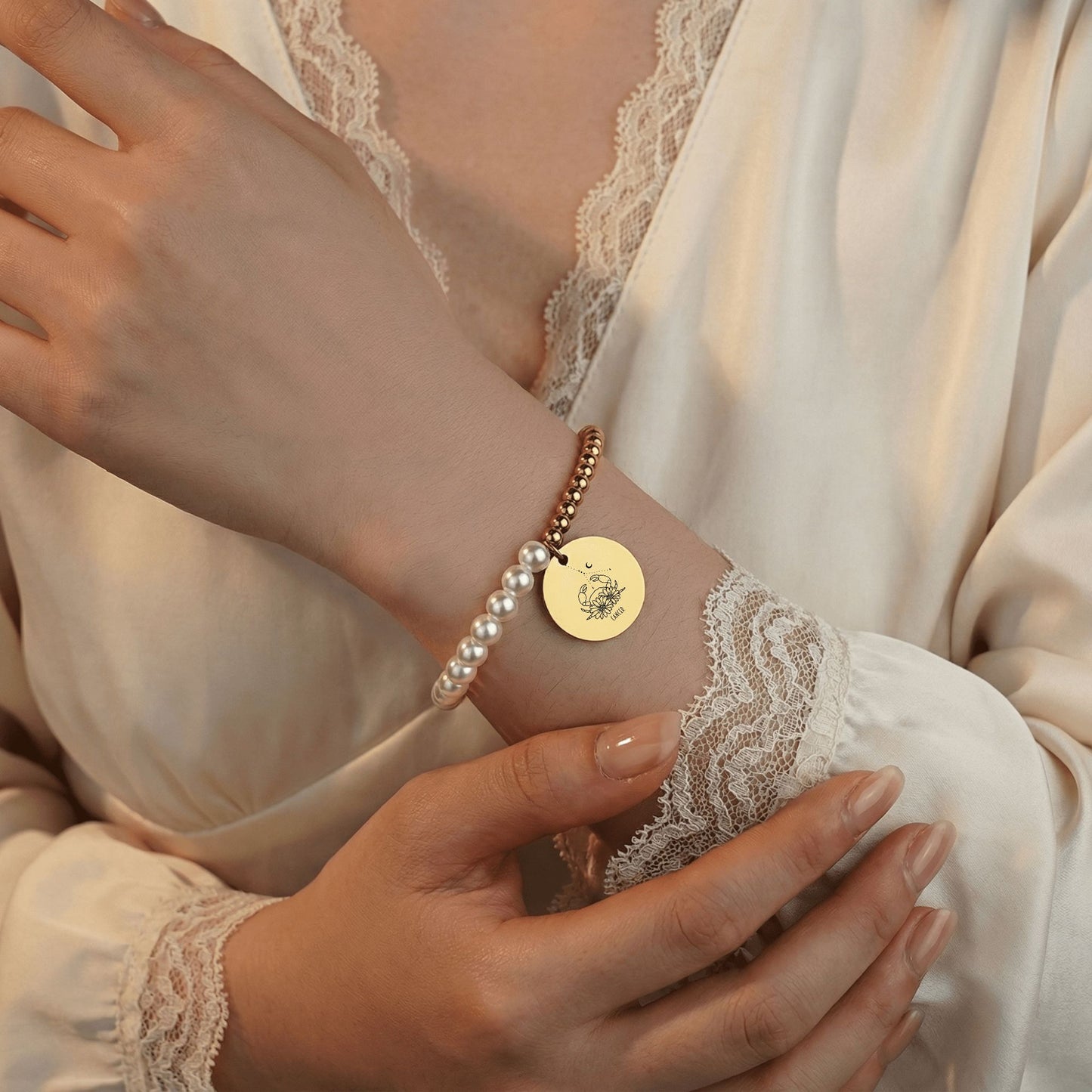 Cancer Premium Pearl & Gold Coin Bracelet: Mother of Pearl