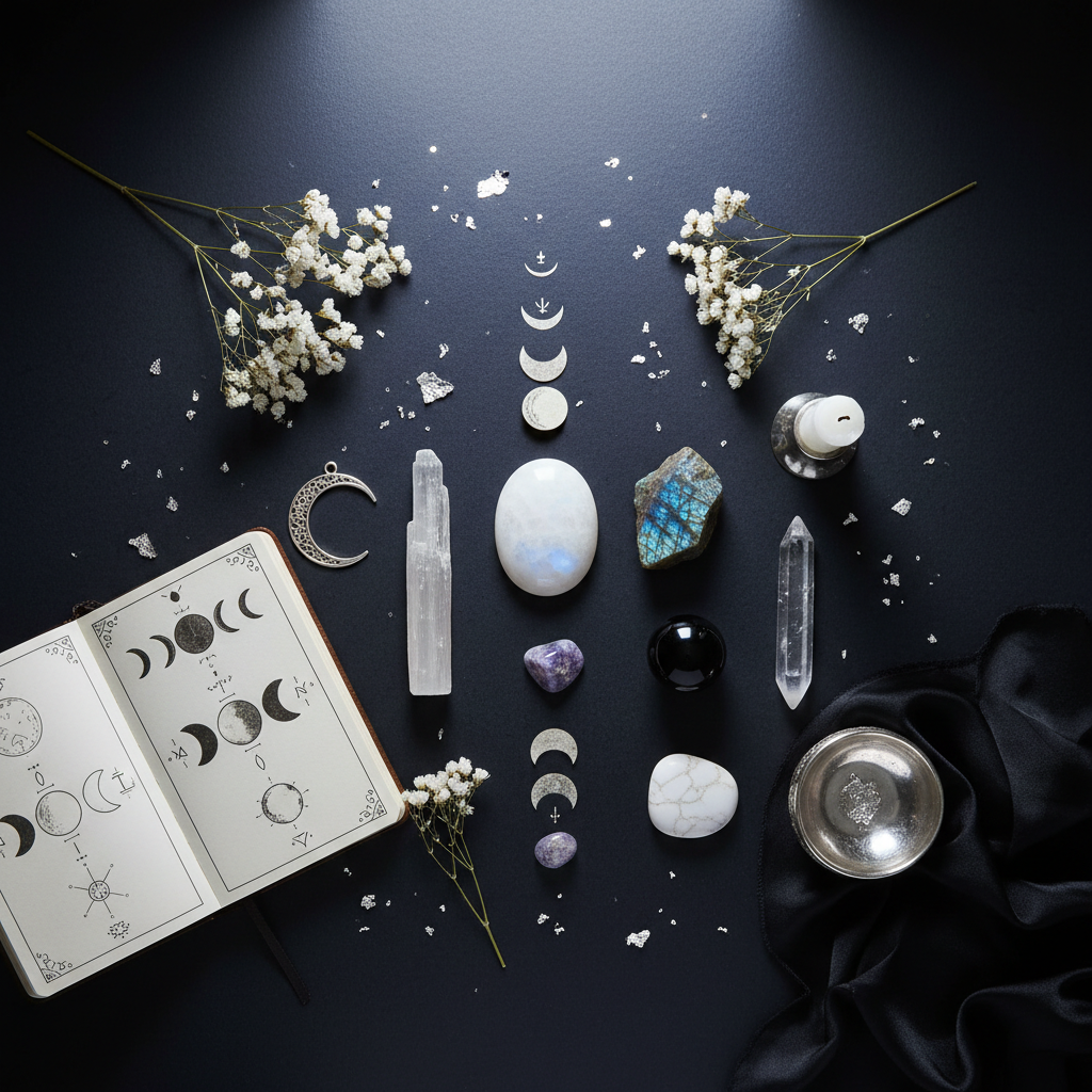 Moon ritual crystal flat lay with moonstone, selenite, labradorite and journal on dark background