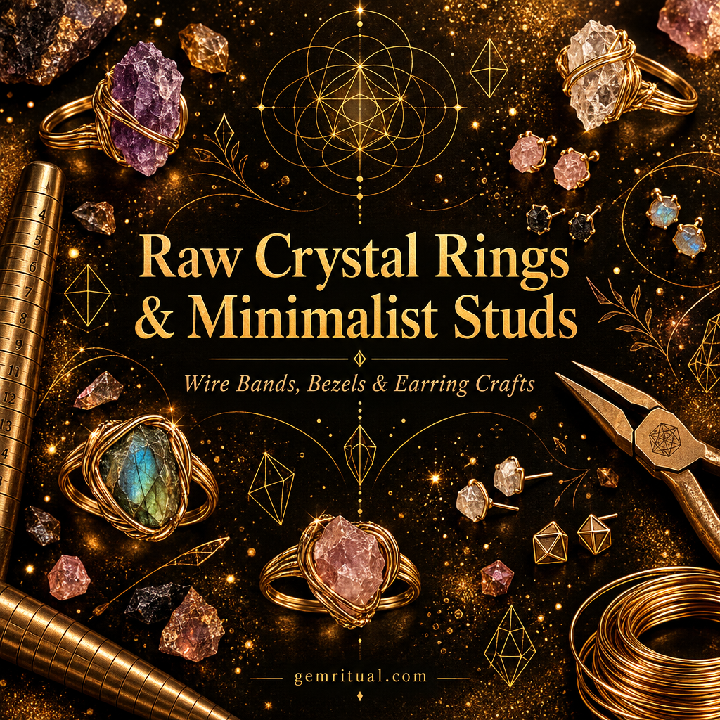 Raw Crystal Rings and Minimalist Studs guide cover with gold text on deep black background