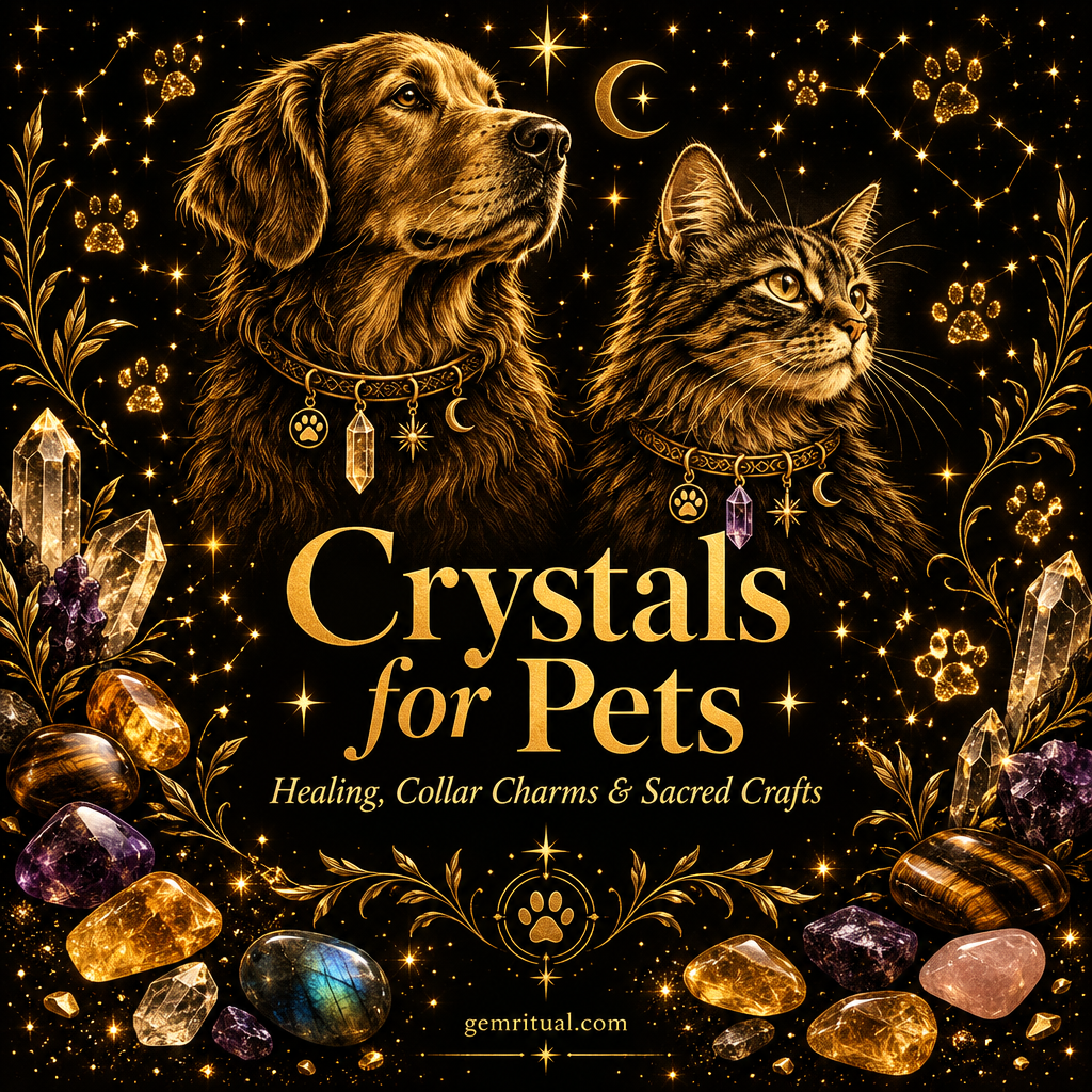 Crystals for Pets guide cover with gold dog and cat silhouettes on midnight black background