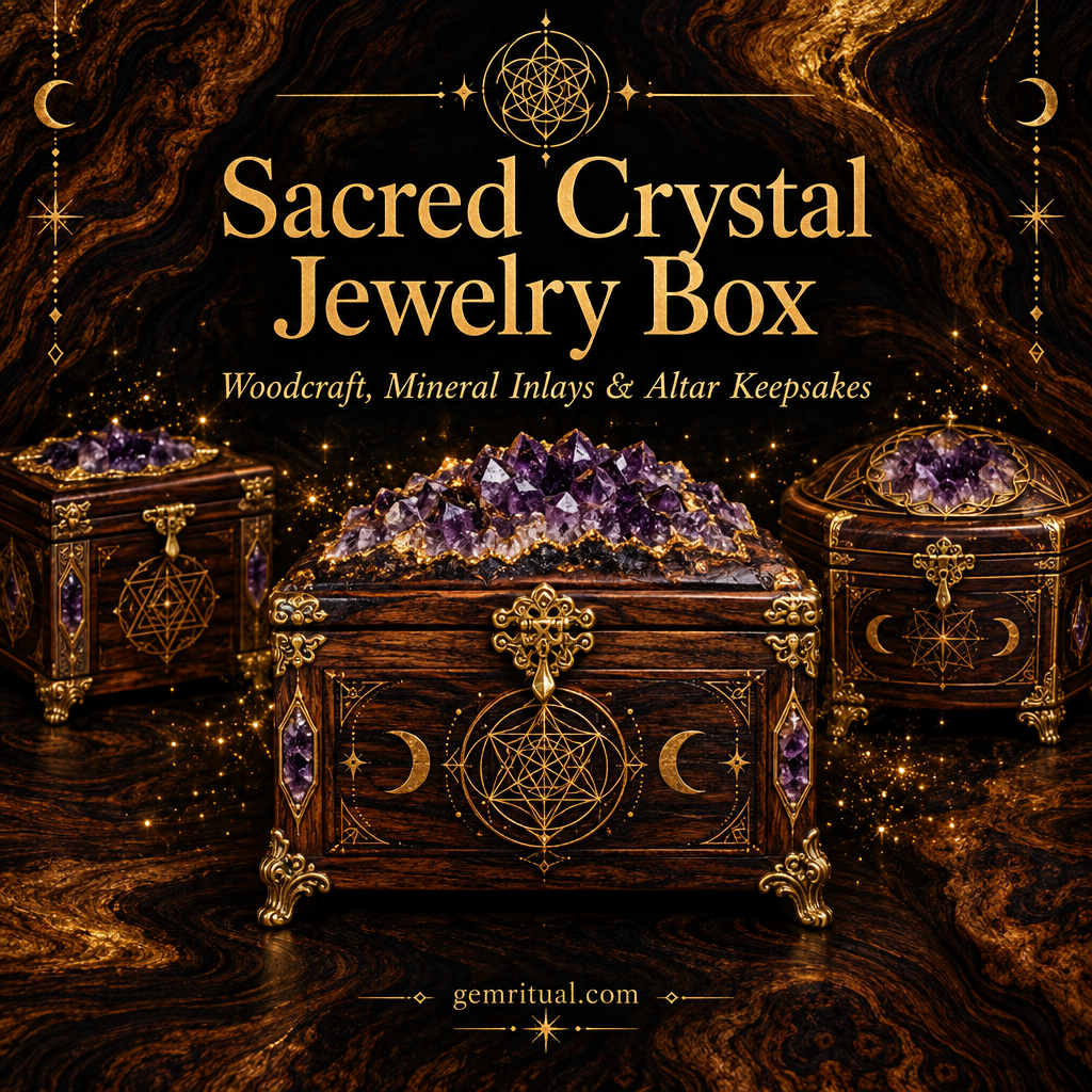 Sacred Crystal Jewelry Box guide cover with gold text on dark walnut wood background
