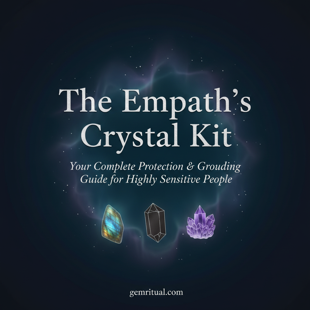 The Empath's Crystal Kit cover with silver text and crystals on a midnight blue background