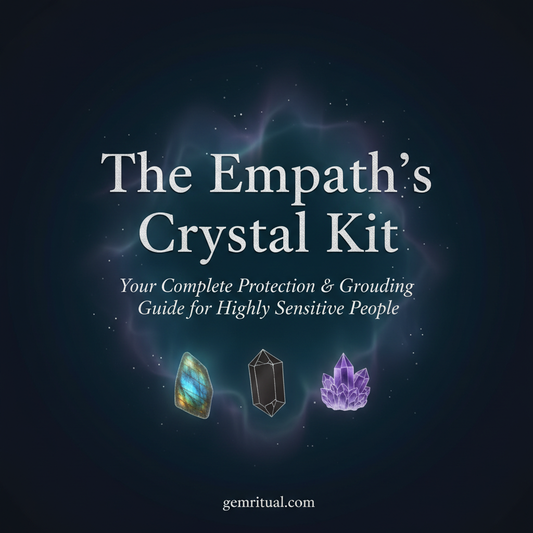The Empath's Crystal Kit cover with silver text and crystals on a midnight blue background