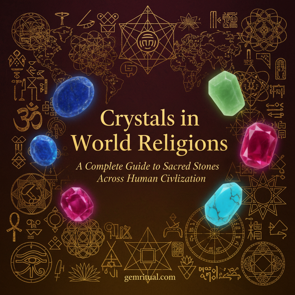 Crystals in World Religions guide cover with gold text and sacred symbols on dark background