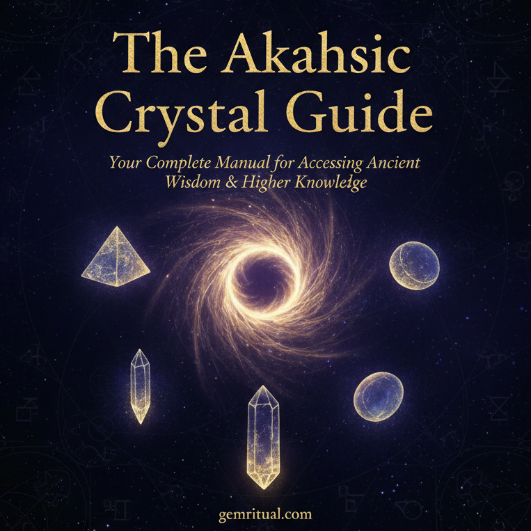 The Akashic Crystal Guide cover with a glowing portal and gold text on a cosmic indigo background