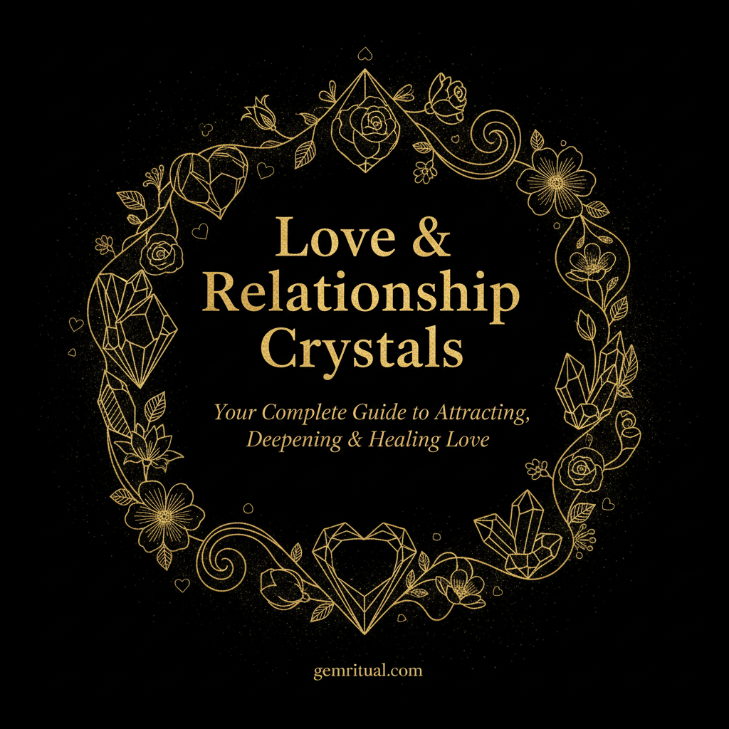 Love and Relationship Crystals guide cover with gold text on black background