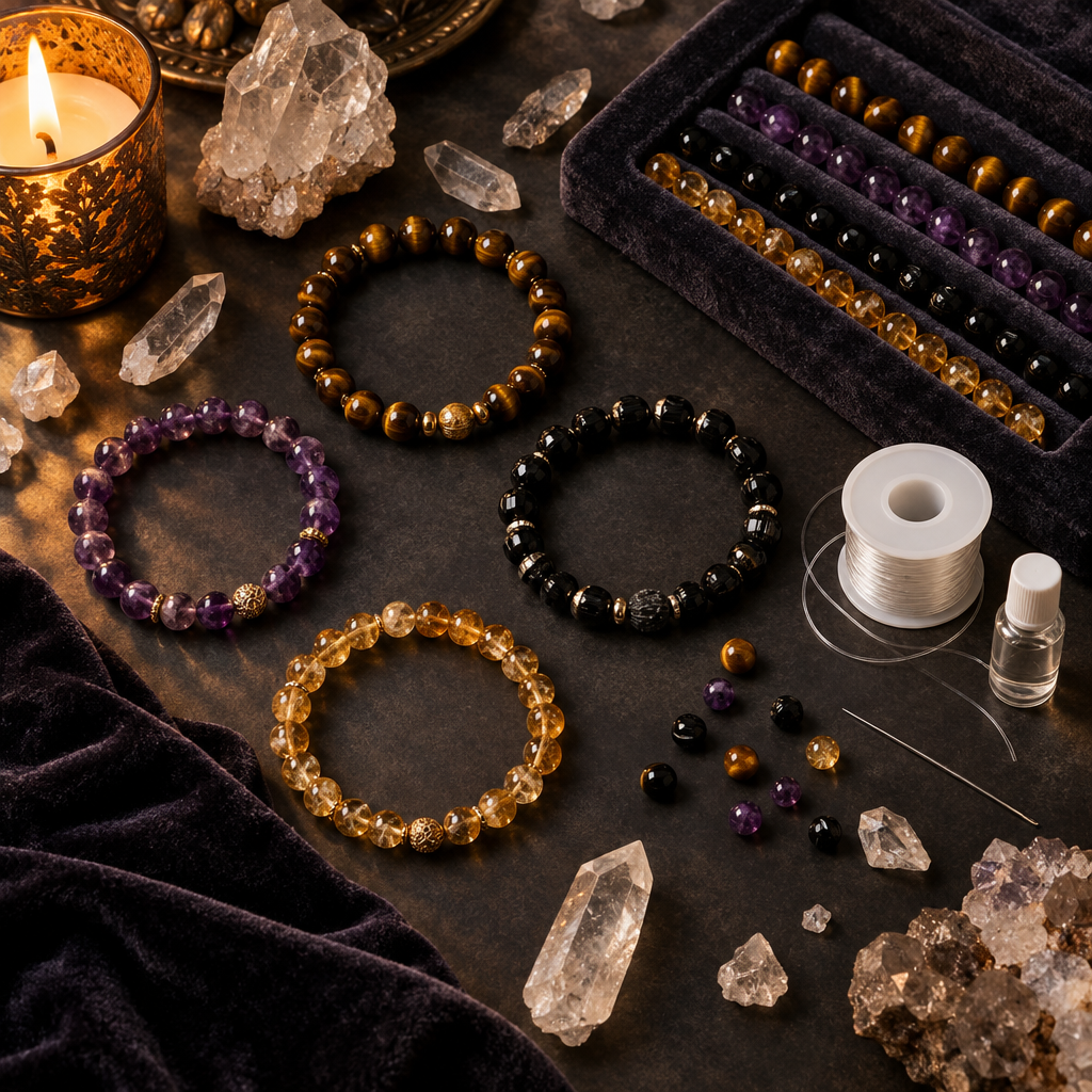 Crystal bracelet crafting tools and finished beaded bracelets flat lay on dark background