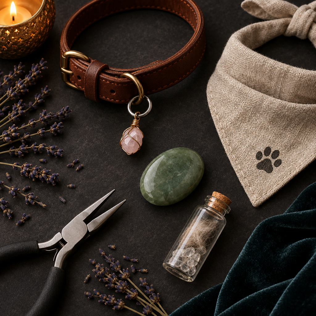 Pet crystal crafting with leather collar, charm, jade stone and lavender on dark background