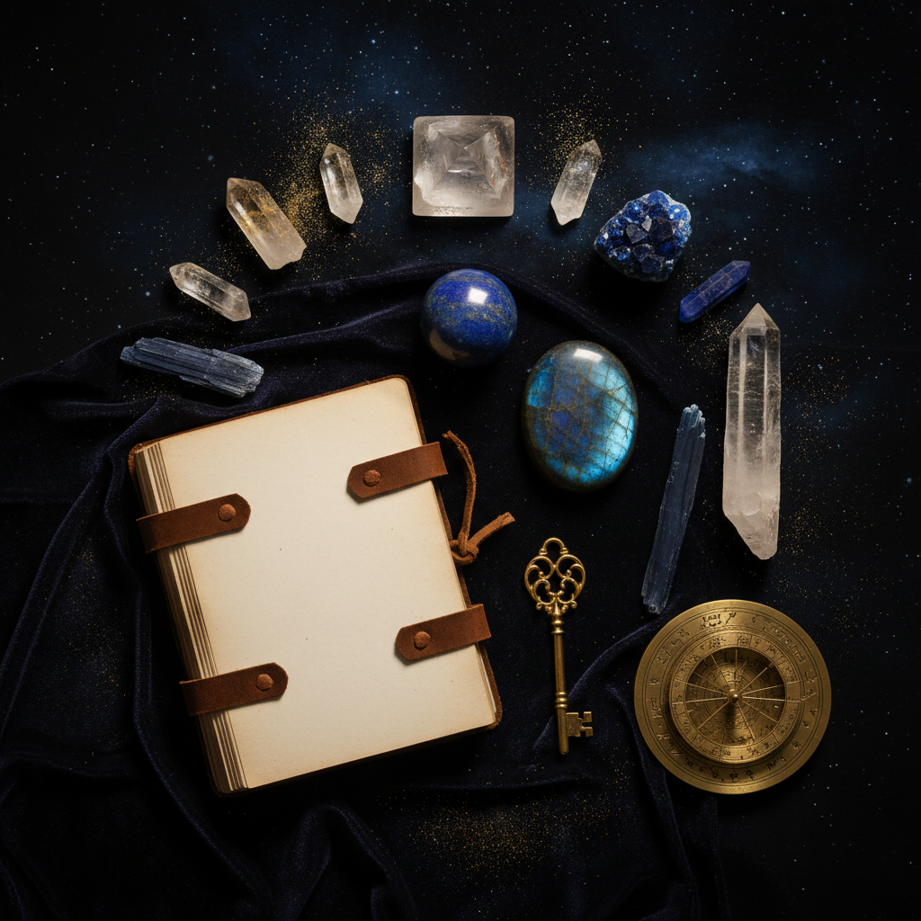 Akashic records crystal flat lay with apophyllite, lapis lazuli, lemurian quartz and an open journal on dark background