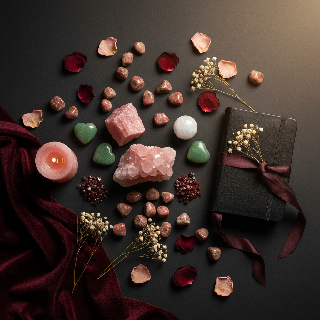 Flat lay of love crystals with rose quartz, dried roses and pink candle on dark background