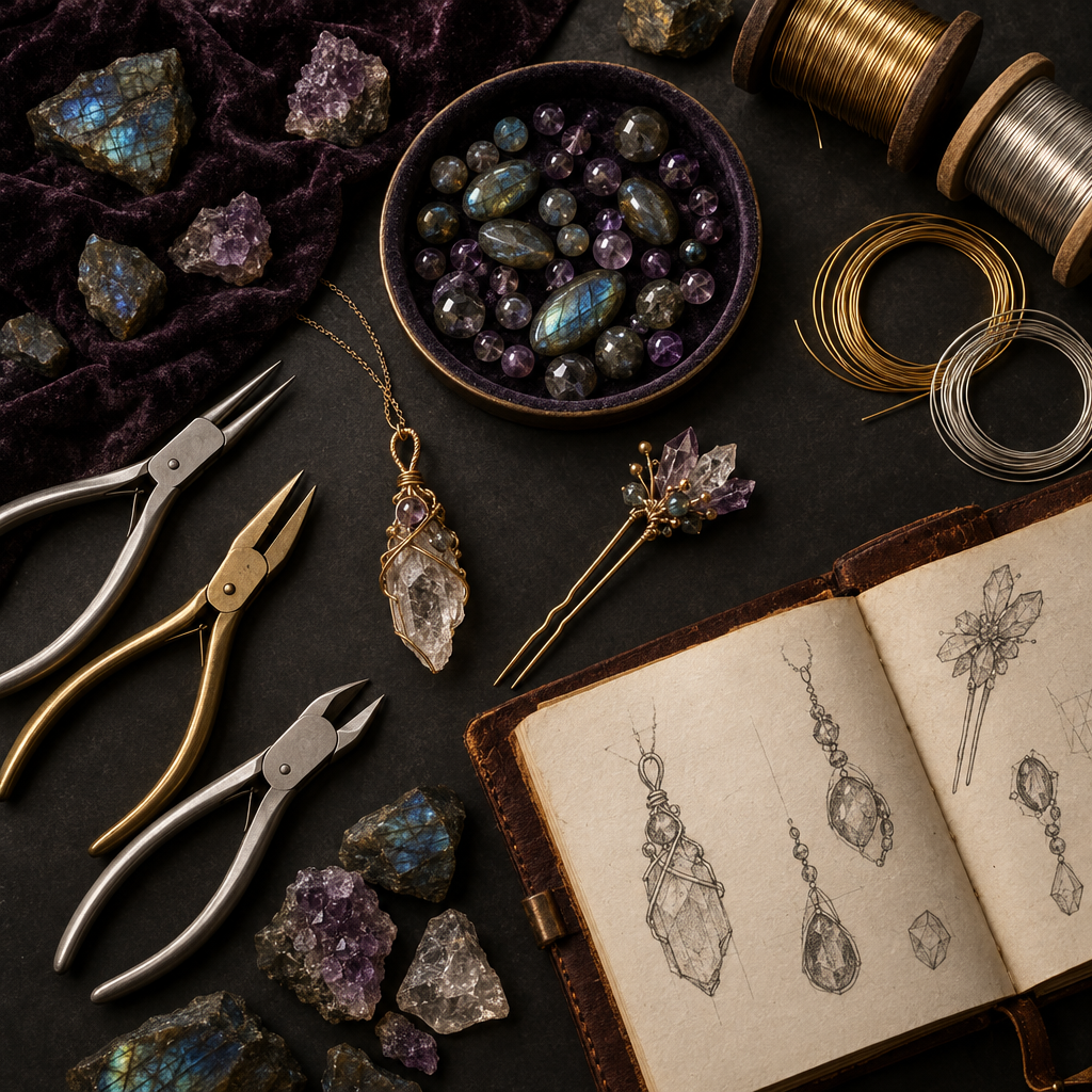 Gemstone jewelry crafting tools and wire-wrapped pendants flat lay on dark background