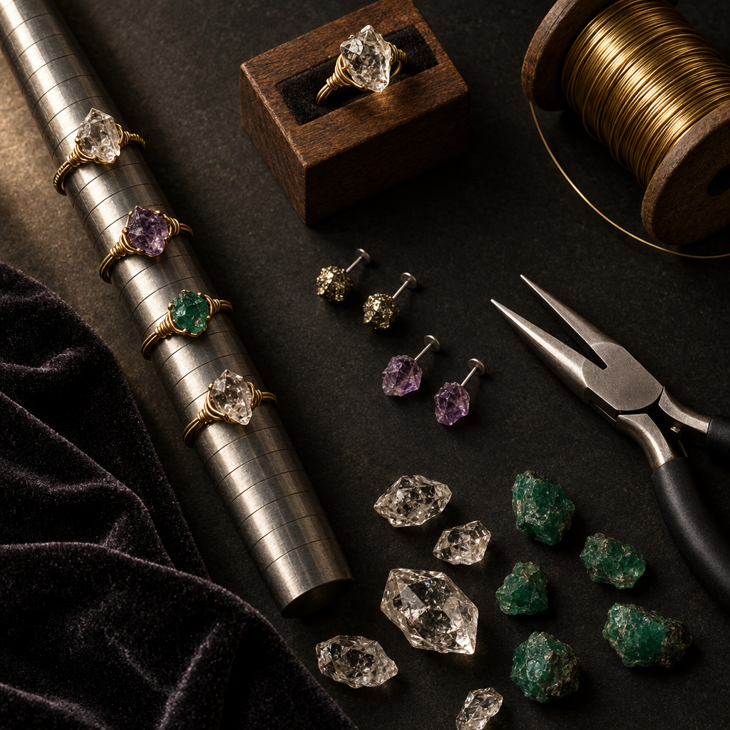 Raw crystal rings on steel mandrel and minimalist stud earrings flat lay on dark background