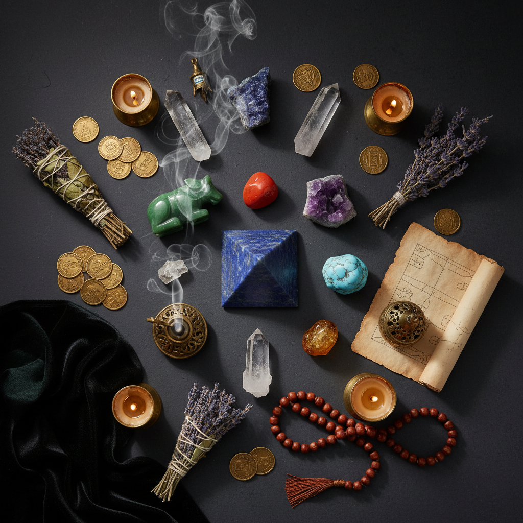 Sacred crystals from world traditions with prayer beads and ancient objects on dark background