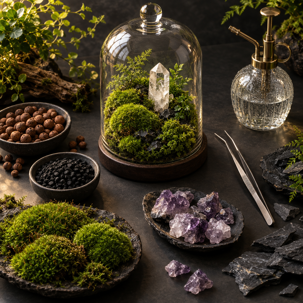 Crystal terrarium in glass cloche bell jar with living moss and raw quartz on dark background