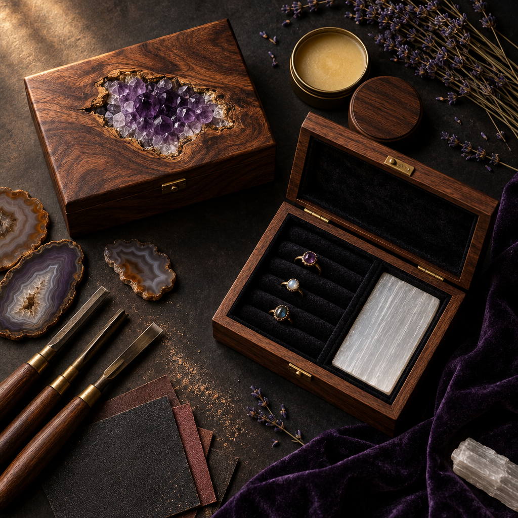 Handcrafted crystal wooden jewelry box with raw amethyst lid and woodworking tools on dark background