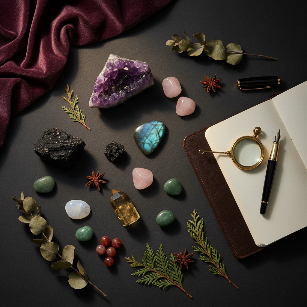 Flat lay of gemstones with magnifying loupe and journal on dark background