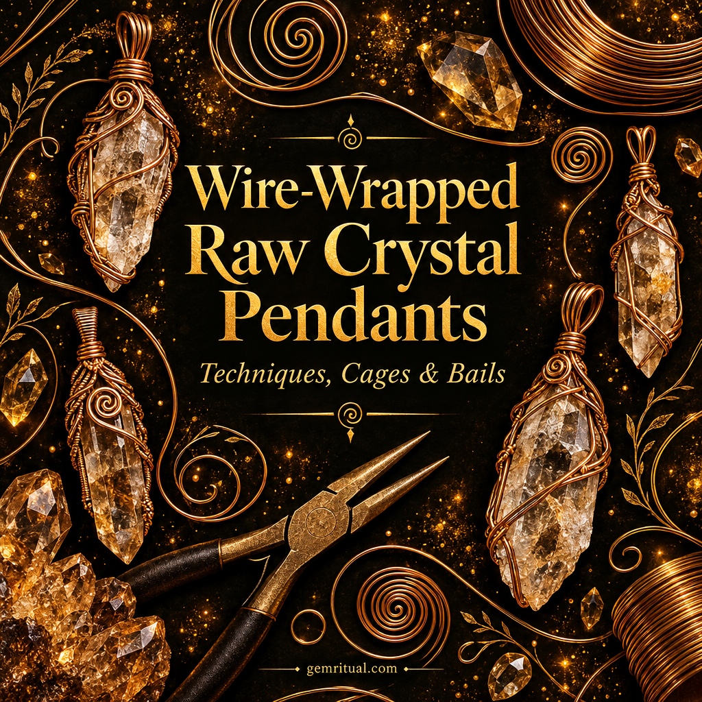 Wire-Wrapped Raw Crystal Pendants guide cover with gold text on deep black background