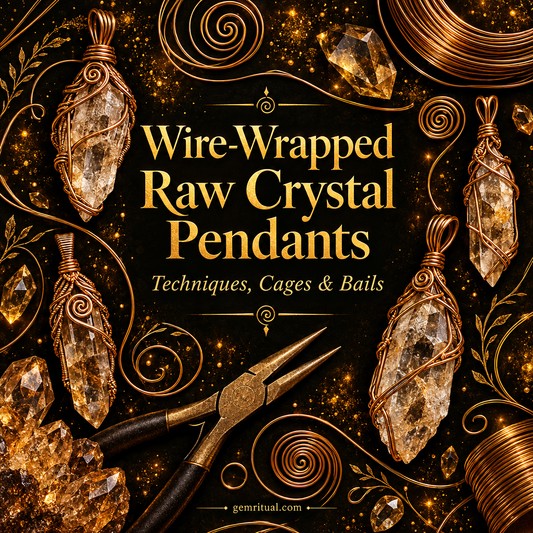 Wire-Wrapped Raw Crystal Pendants guide cover with gold text on deep black background