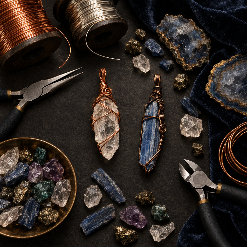 Wire-wrapped raw crystal pendants and artisan crafting tools flat lay on dark background
